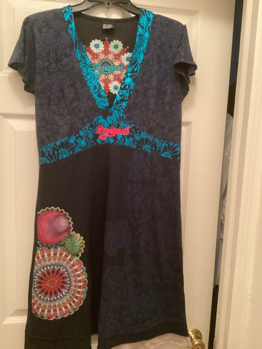 Desigual Navy and Turquoise Floral-Trim Midi Dress